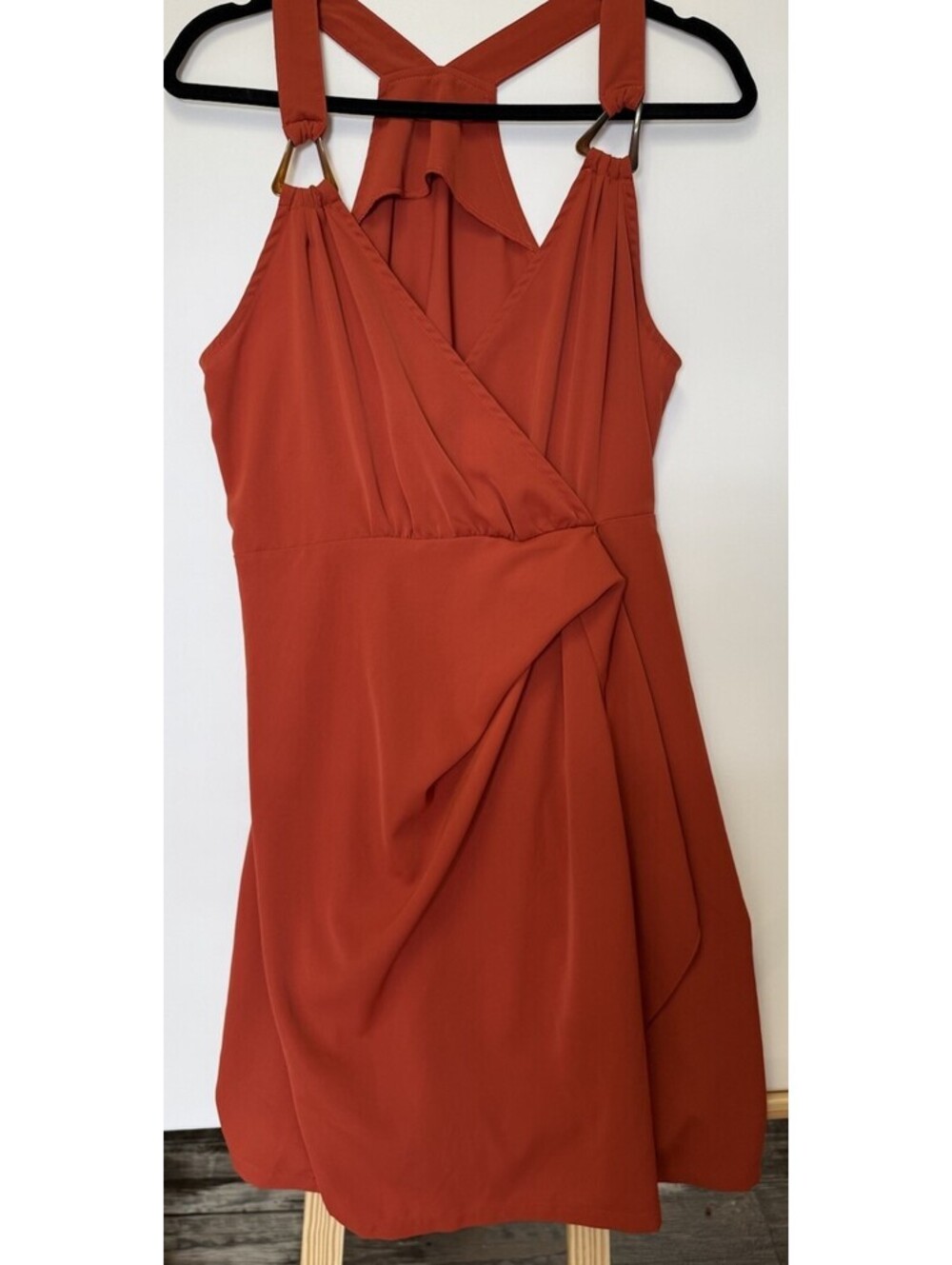 SHEIN Womens L 8-10 Rust Terracotta Orange Draped Surplice Halter Mini Dress